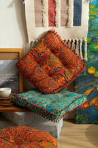 Moroccan Printed Square Chair Pads Cotton Linen Soft Comfort Chair Cushion Colorful Pompom Seat Cushions for Indoor Dining Room and Kitchen Chairs (Orange,16x16 Inch)