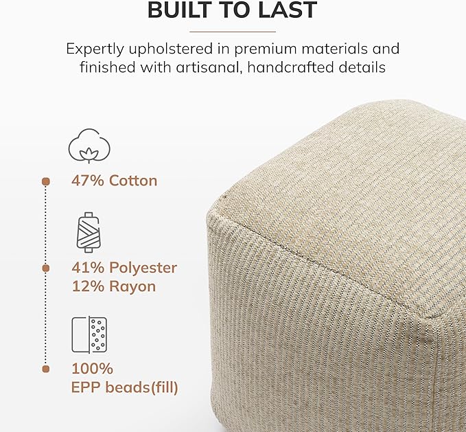 Anji Mountain Pouf Ottoman Foot Rest, Handmade Ottoman Pouf, Comfortable Foot Stool, Decorative Floor Seating for Living Room Decor, Bedroom & Home Décor Accent - Natural