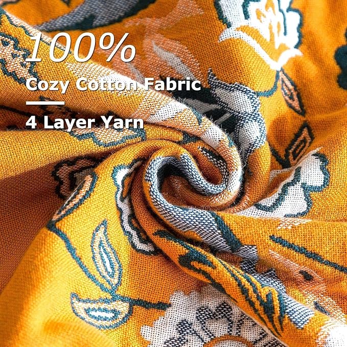 Boho Throw Blanket for Bed 100% Cotton Soft Lightweight Quilt Floral Embroidery Home Decor Spring Breathable Bed Blanket,80"x90" All Season Reversible Yellow Blankets for Sofa Couch Chair