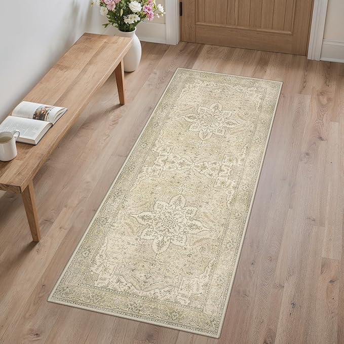 GENIMO 2X5 Washable Vintage Runner Rug for Hallway, Non-Slip Low Pile Chenille Print Rug, Soft Rugs for Indoor Entryway Kitchen Corridor, Linen & Taupe