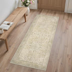 GENIMO 2X5 Washable Vintage Runner Rug for Hallway, Non-Slip Low Pile Chenille Print Rug, Soft Rugs for Indoor Entryway Kitchen Corridor, Linen & Taupe