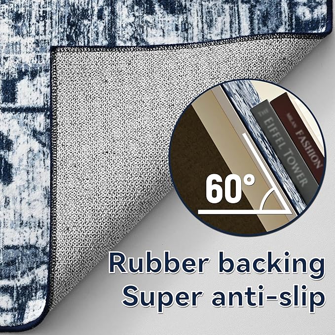 YJ.GWL Area Rugs for Living Room 4x6 Machine Washable Rugs for Bedroom, Non Slip Floral Vintage Rug Indoor Carpet, Stain Resistant Throw Rug for Dining Room Kitchen, Navy Blue
