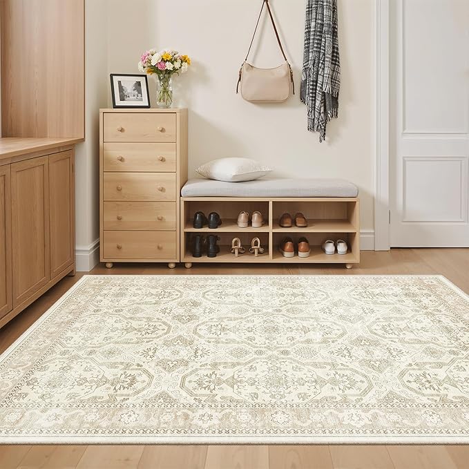 4x6 Area Rugs for Living Room, Vintage Washable Rugs for Dining Room, Bedroom, Home Office Decor, Non-Slip Beige/Brown Carpet Thin Rug