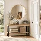 Circle Wood Mirrors for Wall, Wavy Round Bathroom Scalloped Mirror Wooden Frame 28 Inch for Living Room Farmhouse Bedroom Hallway Entryway Living Room with Shatterproof Glass Wall Mounted