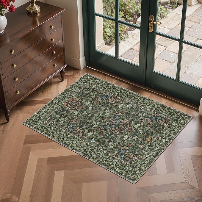 GENIMO Washable Small Rug 2x3, Non-Slip Entryway Mat for Front Door, Kitchen, Bathroom, Laundry, Vintage Boho Floral Thin Carpet Indoor Décor, Emerald Green