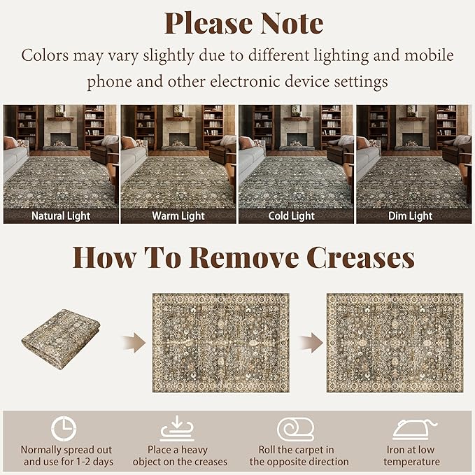 8x10 Washable Area Rugs Ultral Soft Non-Slip Stain Resistant Vintage Boho Large Carpet for High-Traffic Living Room & Dining Room