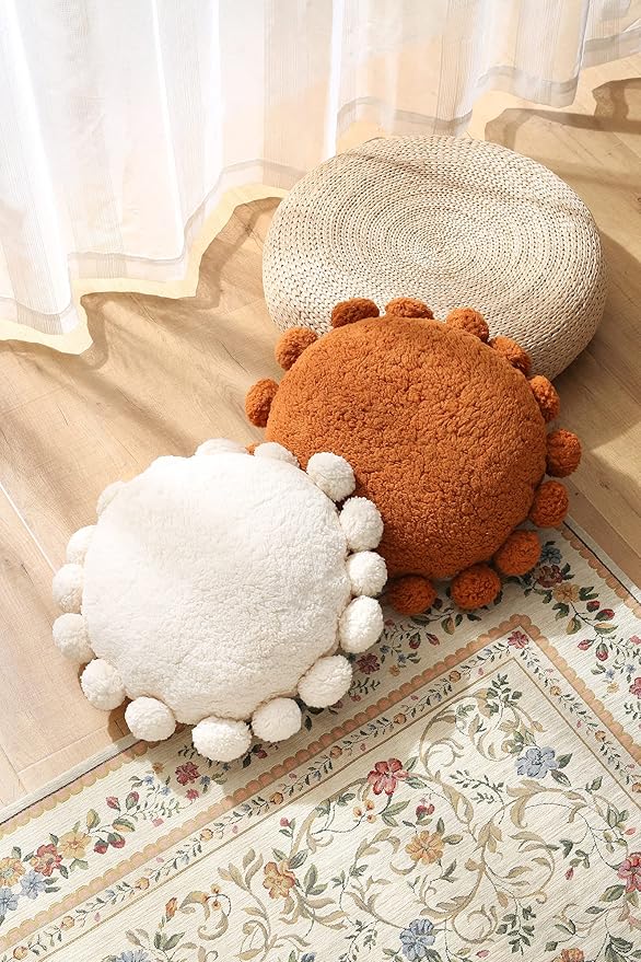Boho Decorative Throw Pillows Round Floor Cushion with Poms,Cute Floor Seating Plush Pillow for Kids Reading Nook,Home Decor for Chair Sofa Bed Put in Living Room Indoor Outdoor