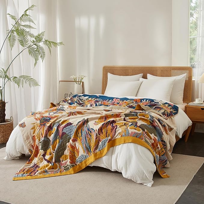 Boho Throw Blanket for Bed 90”x108”, 100% Cotton Woven Blanket for Couch Sofa, Ultra Soft 4-Layer Muslin Quilt with Vintage Floral Printed, Farmhouse Bed Blanket/Cover for Living Room Decor