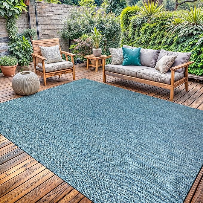 Washable Indoor Outdoor Rug Weather Resistant Carpet Modern Solid for Porch Deck Balcony Backyard Patio Rug 5x7 Aqua Blue