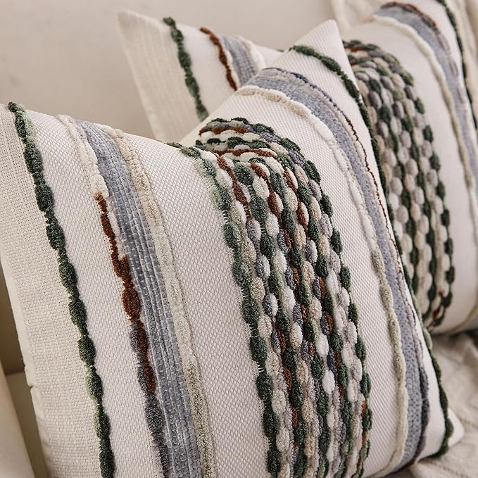 Boho Striped Throw Pillow Covers 18x18 Inch Set of 2 Farmhouse Square Decorative Pillow Covers Chenille Tufted Accent Neutral Pillowcase Green Cushion Cover for Living Room Couch Sofa Bed