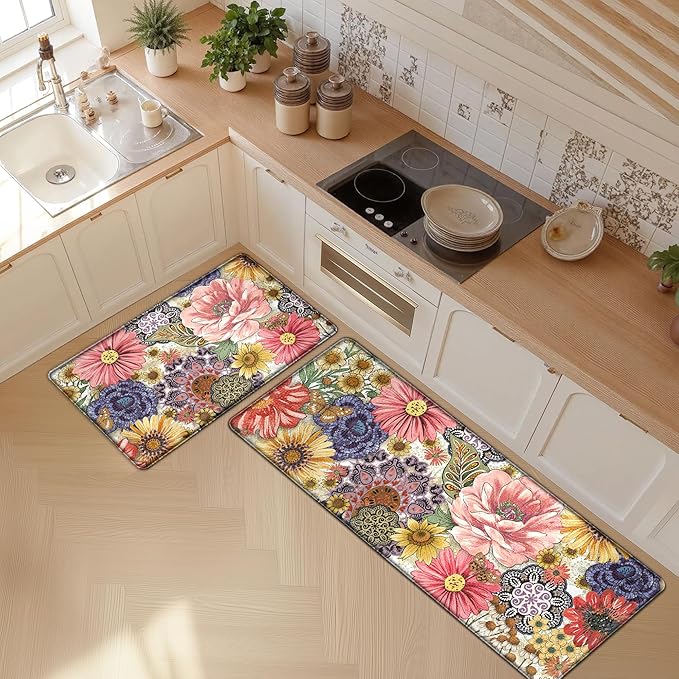 Boho Floral Kitchen Mats for Floor 2PCS Anti Fatigue Mats for Kitchen Floor Cushioned Non Slip Waterproof Memory Foam PVC Kitchen Rugs Set for Sink,Office,Laundry 17.3"x28"+17.3"x47"