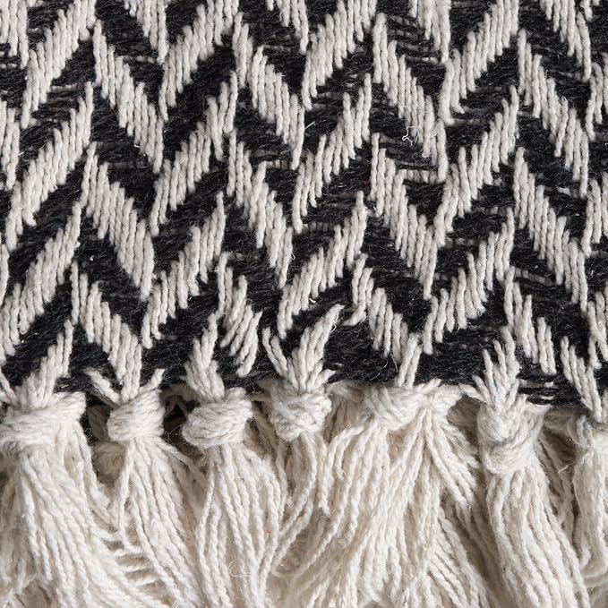 DII Modern Zig Zag Throw Blanket Woven Cotton, Hand-Knotted 2.5" Fringe, 50x60, Black