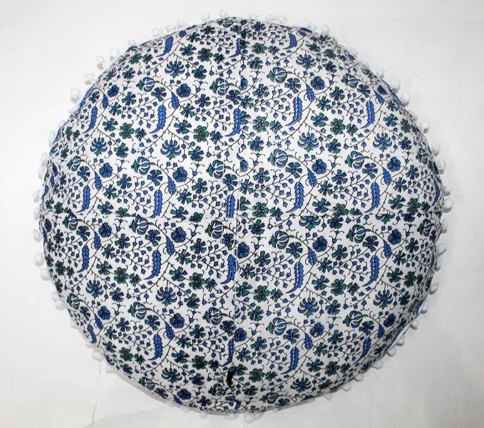 CRAFT KALA Boho Large Floor Pillow Pouf Cover Mandala Meditation Room Pillow Cover for Adults Round Bohemian Seating Pouf Cushion Cover for Kids Playroom 22" Green Sky Peacock