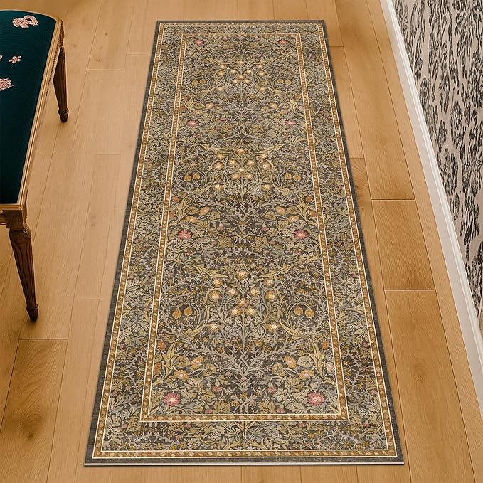 Non Slip 2x7 Gold Brown Runner Rugs - Washable Long Runner for Bathroom, Kitchen, Hallway, Indoor Floor Mat, Bedroom Bedside - Brown Earthy Vintage Floral Décor