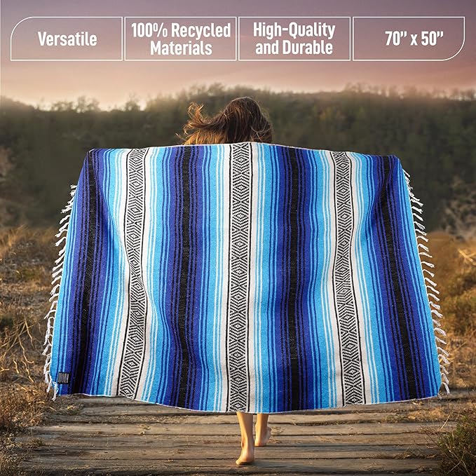 Authentic Extra Large Mexican Blanket - Handwoven Yoga, Serape, Artisanal Falsa, Beach, Camping, Picnic, Outdoor Blanket (King Turquoise)