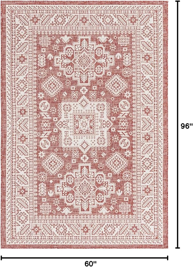 Rugs.com Outdoor Aztec Collection Rug – 5' x 8' Rust Red Flatweave Rug Perfect for Living Rooms, Large Dining Rooms, Open Floorplans
