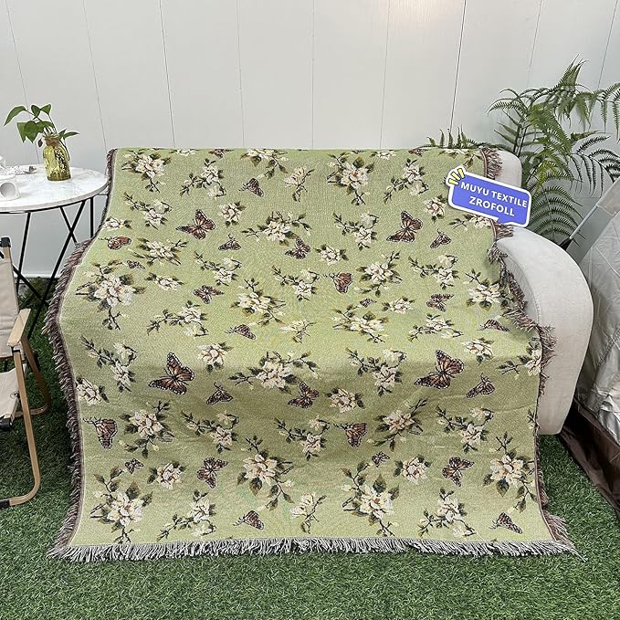Snycler Flowers and Plants Throw Blanket for Bed 50 * 60inch Woven Blanket Cotton Polyester Farmhouse Decor for Indoor Outdoor Sofa Bedroom Garden，All Season （Butterflies）