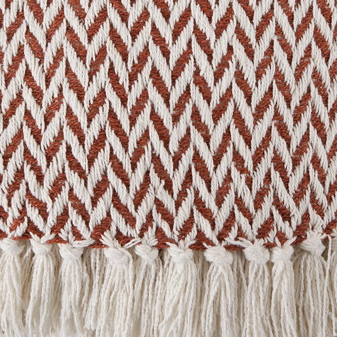 DII Modern Zig Zag Throw Blanket Woven Cotton, Hand-Knotted 2.5" Fringe, 50x60, Cinnamon