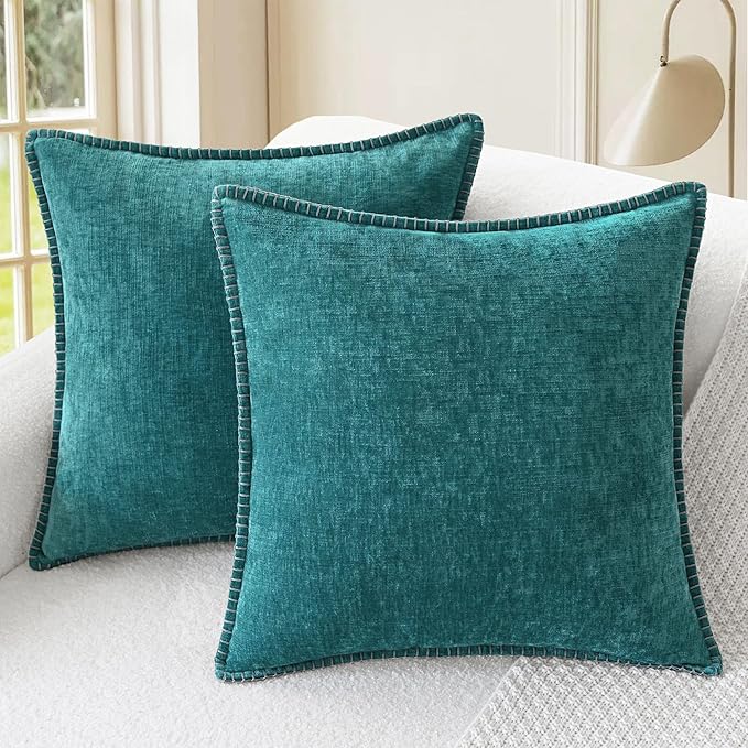 CaliTime Throw Pillow Covers Decorative 18 X 18 Inches Pack of 2 Cotton Thread Stitching Edges Solid Dyed Soft Chenille Cushion Cases for Couch Sofa Bed Living Room Farmhouse Teal