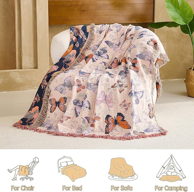 Boho Throw Blanket, 100% Organic Cotton Breathable Ultra Soft 80" x 90" Bed Quilt Throw - All Season Floral Rustic Farmhouse Decor Luxury Reversible Blanket for Sofa Couch Chair and Gift