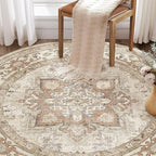 Round Washable Area Rug 8ft, Boho Vintage Distressed Oriental Medallion, Neutral Blue, Thin Carpet for Living Room Bedroom Home Office Decor