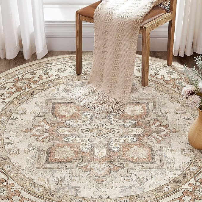 Round Washable Area Rug 8ft, Boho Vintage Distressed Oriental Medallion, Neutral Blue, Thin Carpet for Living Room Bedroom Home Office Decor