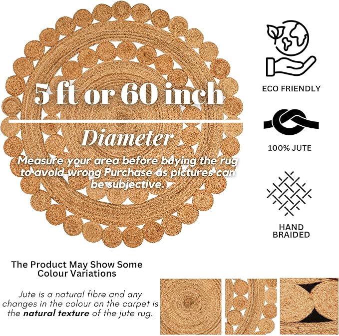 Hand Woven Braided Jute Rug - 5' Round - Reversible Farmhouse Dining Room Rug, Living Room, Bedroom, Kitchen - Natural Decorative Floor Boho Entry Area Rugs - 5ft Round Rug