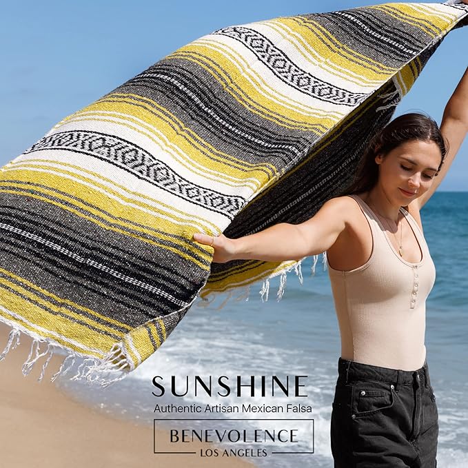 Benevolence LA Authentic Handwoven Mexican Blanket | Yoga Blankets, Outdoor, Picnic, Beach, Camping | Equestrian Saddle | Serape 50x70 inches - Sunshine, Pack of 1