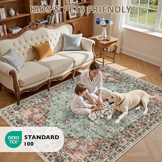 Area Rugs 10x14 Living Room Rug: Washable Rug Soft Vintage Distressed Floral Carpet Indoor Non-Slip Stain Resistant Large Carpets for Bedroom Dining Room Farmhouse Nursery Home Office Brown Green