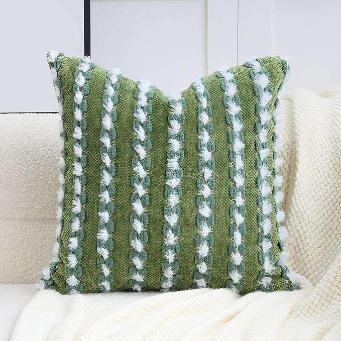 18x18 Boho Pillow Cover - Chenille Tufted Decorative Throw Pillow Cover Soft Velvet Backing, Farmhouse Striped Square Accent Pillow Case for Sofa, Couch, Bedroom, Living Room, Green White