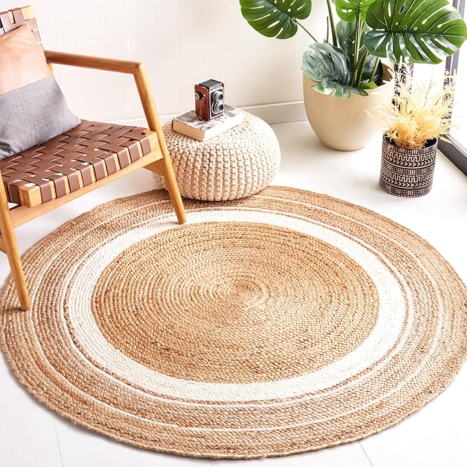 SAFAVIEH Natural Fiber Collection Area Rug - 5' Round, Natural & Ivory, Flat Weave Farmhouse Border Jute Design, Ideal for High Traffic Areas in Living Room, Bedroom (NF812A)