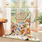 Boho Throw Blanket - 60"x80" 100% Cotton Ultra Soft Lightweight Blanket, 4-Layer Breathable Muslin Spring Blankets for Bed Couch, Reversible Green Floral Bird Printed Bohemian Cotton Quilt