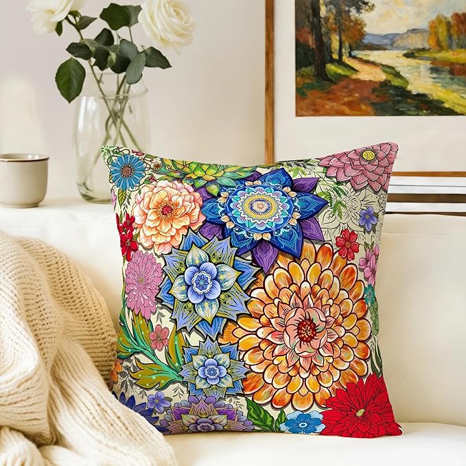 Colorful Boho Mandala Floral Throw Pillow Covers 18x18 Set of 2, Spring Easter Bohemian Decorative Pillowcases, Multicolor Flower Cushion Covers for Couch Sofa Bedroom Living Room Farmhouse Home Decor