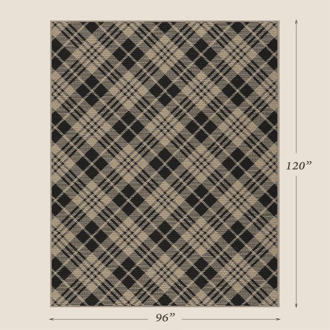 JTJ Vintage Checkered Easy Jute Rugs for Large Living Room 8x10 - Diamond Patterned Woven Rug for Bedroom, Indoor Area, Dining Room, Washable Foldable Low Pile Black and White Classic Decor