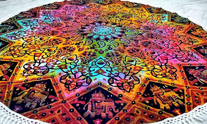 Round Beach Tapestry Turquoise Mandala Throw/Boho Hippie Beach Blanket Roundie/Indian Cotton Bohemian Large Round Table Cloth-Home Decor/Yoga Mat Meditation Picnic Rug (42", Multi Blue)