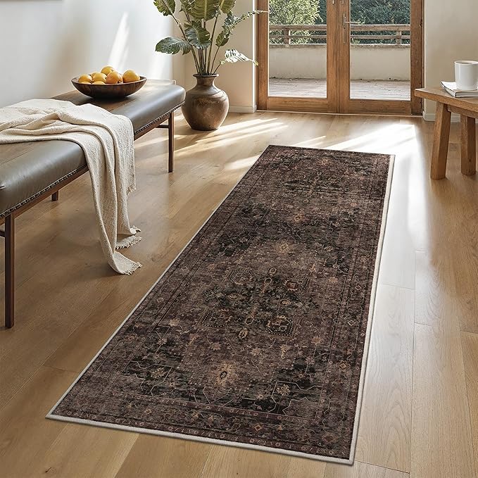 GENIMO 2x10 Runner Rugs for Hallway, Machine Washable Rugs Non Slip Vintage, Low Pile Lightweight Soft Runner Rug for enrtyway, Corridor, Home, Office, Kitchen, Charcoal Brown