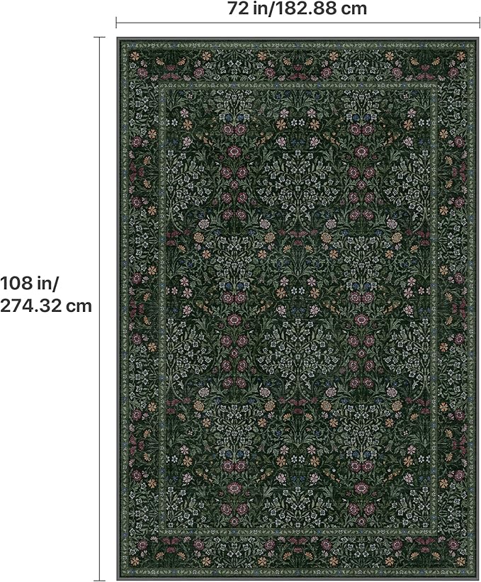 GENIMO 6x9 Area Rug for Living Room, Washable Vintage Floral Low-Pile Non-Slip Large Carpet for Bedroom Dining Room, Stain Resistant Botanical Indoor Rug (Dark Green)