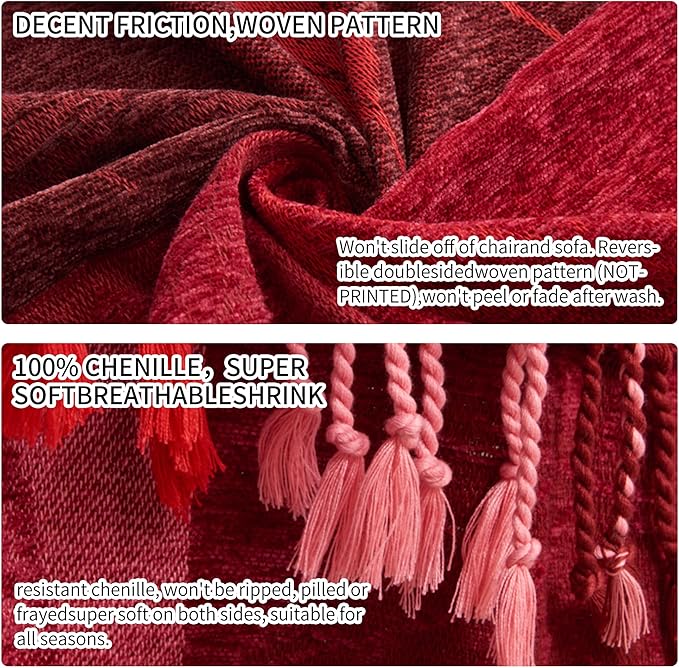 Bohemian Chenille Jacquard Tassel Throws - Reversible Red&Pink Maple Leaf Design for Boho Hippie Vibes - Oversized Blankets for Large Couch, Furniture, Sofa, Chair