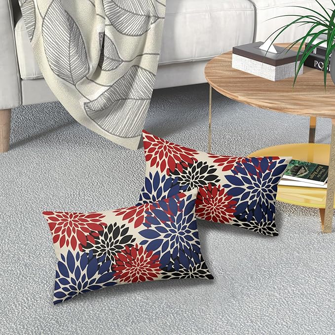 4th of July Pillow Covers 12X20 Inch Set of 2, Blue Red Black Modern Dahlia Floral Print Holiday Decorative Throw Pillow Covers Outdoor Farmhouse Cushion Case for Couch Sofa Bed Decor