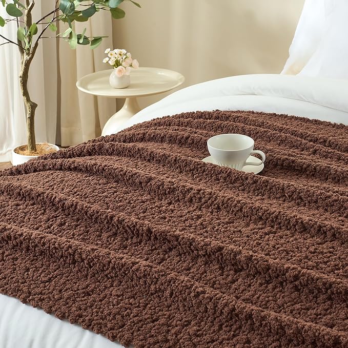 Throw Blanket for Couch, Brown Luxury Knitted Throws 50"x60", Textured Blankets with Handmade Fringe Tassels for Bed Sofa Decorative, Chunky Soft Farmhouse Boho Home Decor