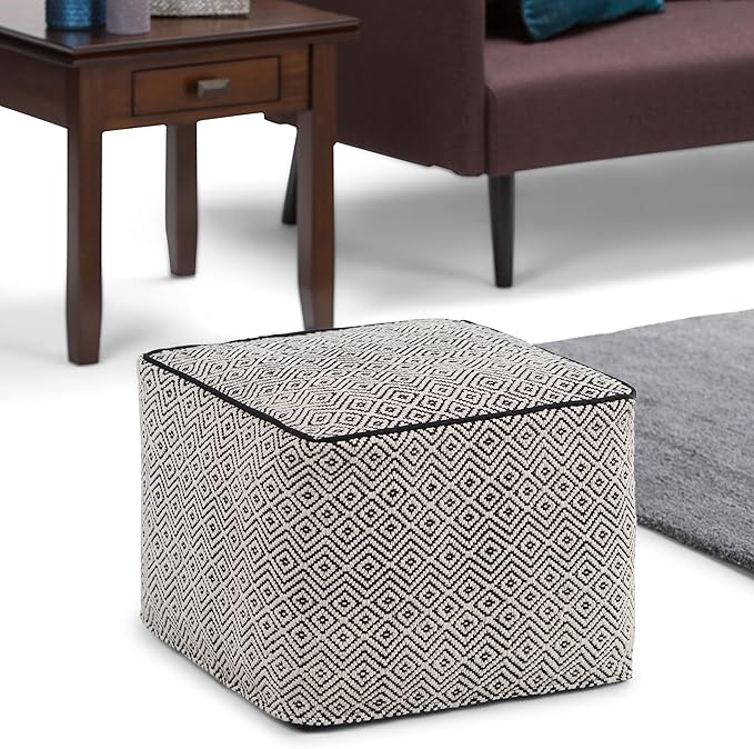 SIMPLIHOME Brynn Square Pouf - 18 inch Wide Handwoven Cotton Ottoman in Patterned Black and Natural, Boho Footstool, Coffee Table or Extra Seating for Living Room or Bedroom, Assembled