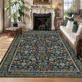 GarveeHome Washable Rug 9x12 Area Rugs for Living Room, Boho Rug Non Slip Vintage Low Pile Large Rugs for Bedroom Dining Room Stain Resistance Non-Shedding Carpet for Office Blue Black