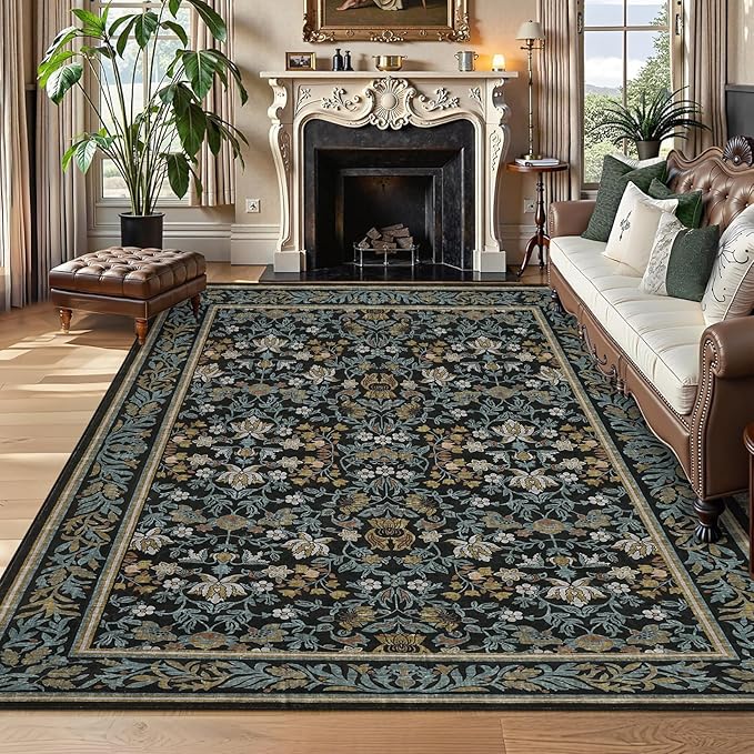 GarveeHome Washable Rug 9x12 Area Rugs for Living Room, Boho Rug Non Slip Vintage Low Pile Large Rugs for Bedroom Dining Room Stain Resistance Non-Shedding Carpet for Office Blue Black