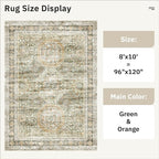 Washable Area Rug 8x10, Large Soft Rugs for Living Room Vintage 8x10 Area Rugs for Bedroom Dining Room Non-Slip Stain Resistant Under Table Green Orange Rug
