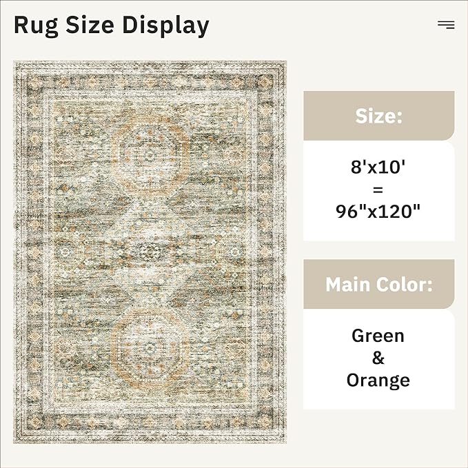 Washable Area Rug 8x10, Large Soft Rugs for Living Room Vintage 8x10 Area Rugs for Bedroom Dining Room Non-Slip Stain Resistant Under Table Green Orange Rug