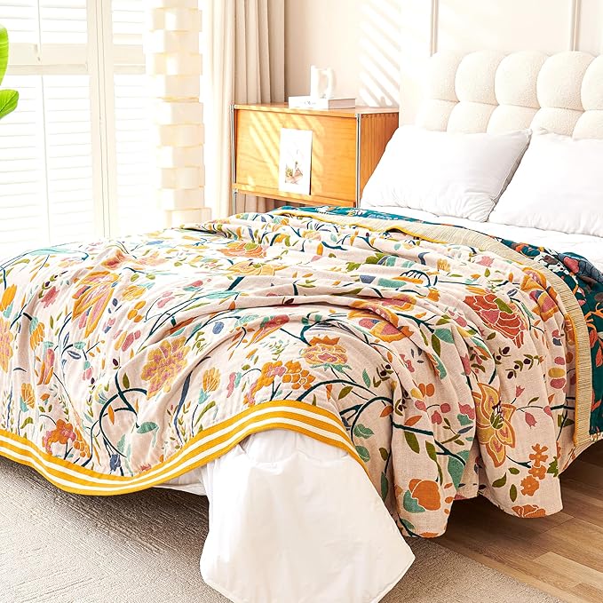 Boho Throw Blanket, 100% Organic Cotton Breathable Ultra Soft 91" x 108" King Bed Quilt Throw - All Season Floral Rustic Farmhouse Decor Luxury Blanket for Sofa Couch Chair and Gift