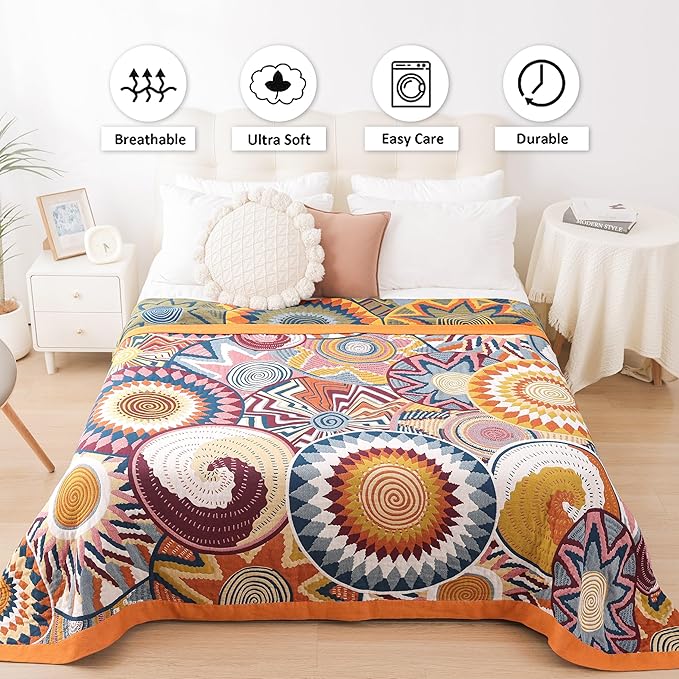 Boho Throw Blanket, 100% Organic Muslin Cotton Skin-friendly Breathable Ultra Soft Bed Quilt Throw - All Season Bohemian Decor Luxury Colorful Blanket for Sofa Couch Chair and Gift. 50" x 60"