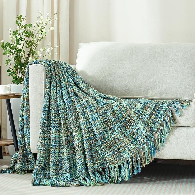 Multi-Color Green Cable Woven Throw Blanket for Couch,60"X80" Boho Style Textured Blankets for Home Decor,Super Soft Warm Cozy Chunky Blanket with Decorative Tassels for Bed and Sofa
