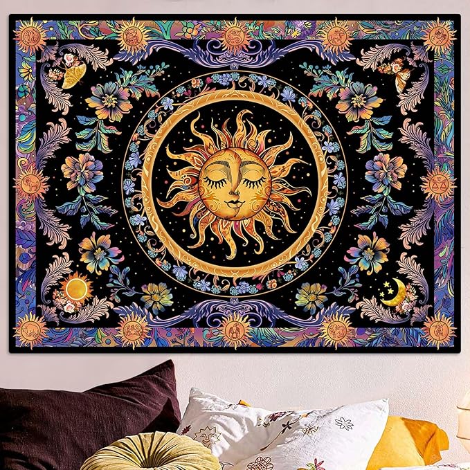 Accnicc Sun and Moon Tapestry Psychedelic Floral Plant Tapestries for Bedroom Aesthetic Hippie Boho Flower Tapestry Wall Hanging for Dorm Living Room (60'' × 44'')