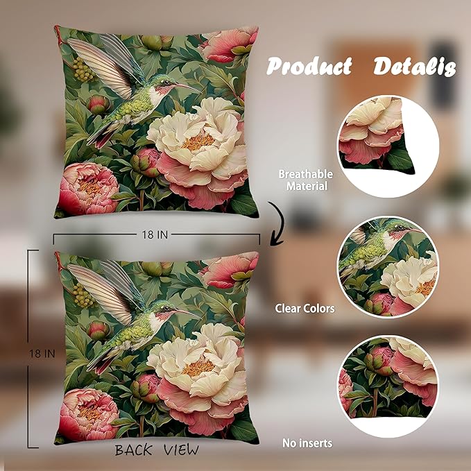 Vintage William Morris Floral Hummingbird Pillow Cover 18x18 Set of 4,Rustic Green Hummingbird Bird Animal Flower Botanical Print Decorative Throw Pillow Covers for Home Bedroom Living Room